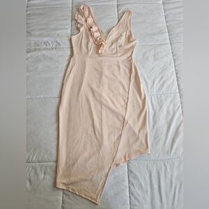 Chic Asymmetrical Peach Dress with Ruffle Detail